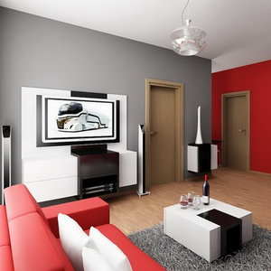 Nowoczesne wnętrze z szarym i czerwienią